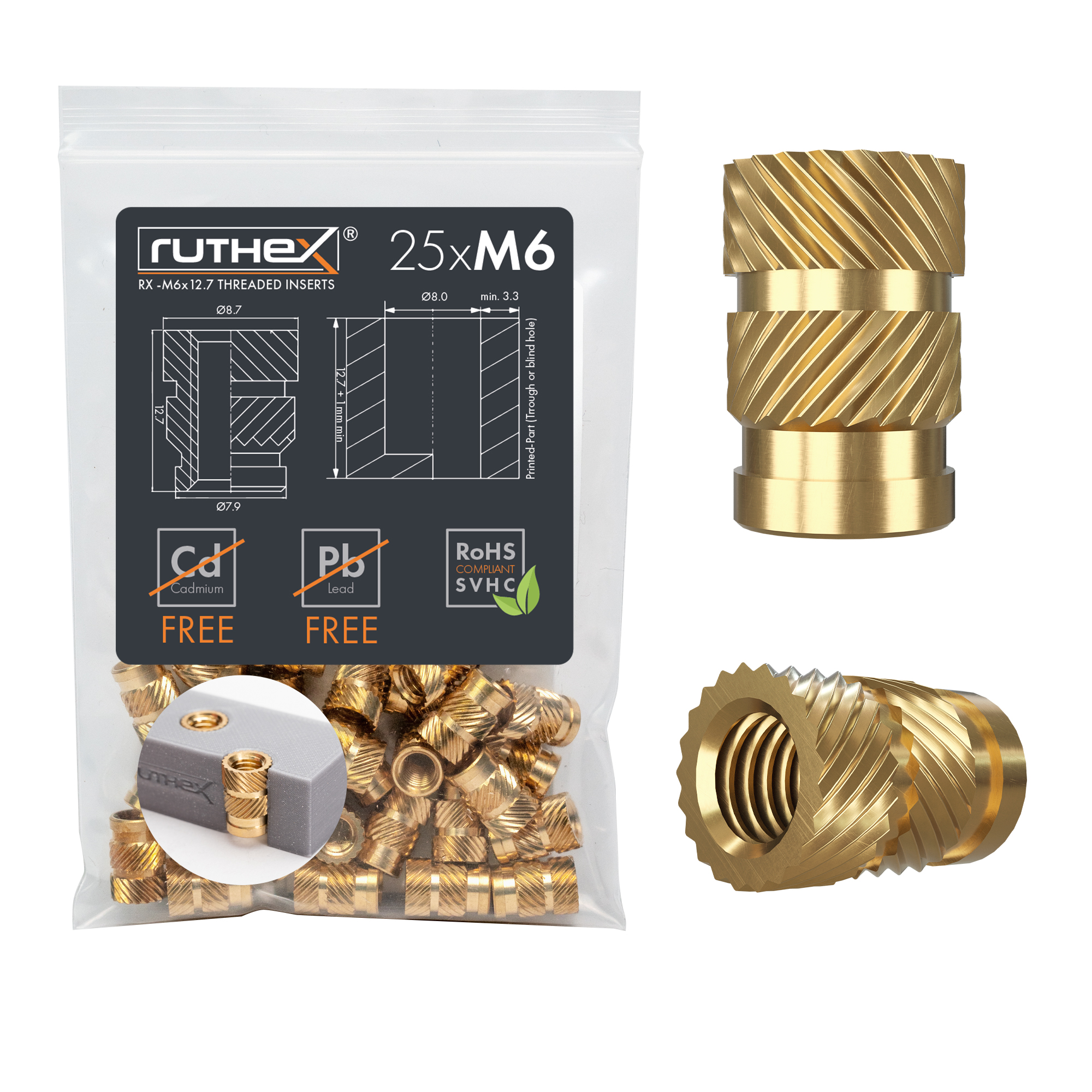 ruthex M6 threaded insert brass threaded bushes for 3D printed plastic parts
