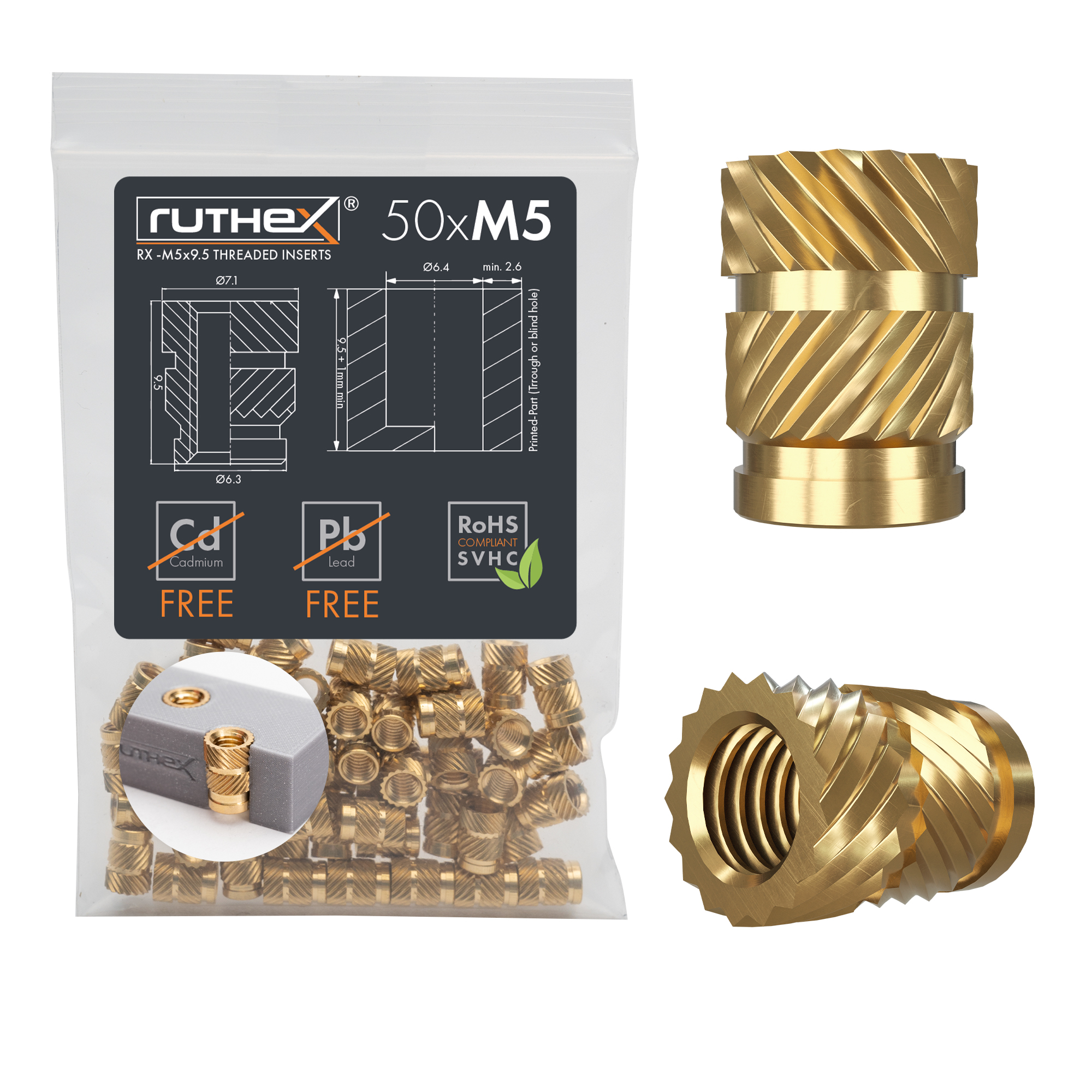 ruthex M5 Gewindeeinsatz Messing Gewindebuchsen für 3D Druck-Teile aus Kunststoff