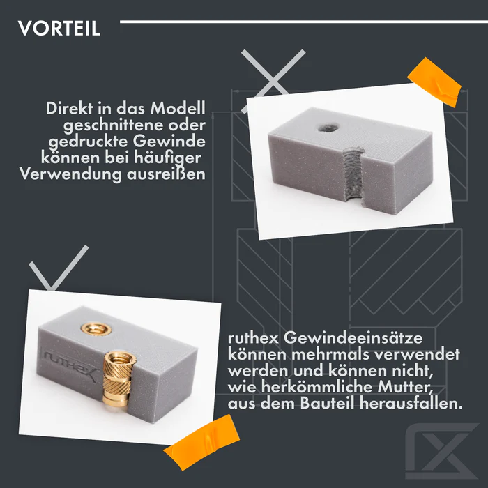 ruthex M3 Gewindeeinsatz Messing Gewindebuchsen für 3D Druck-Teile aus Kunststoff