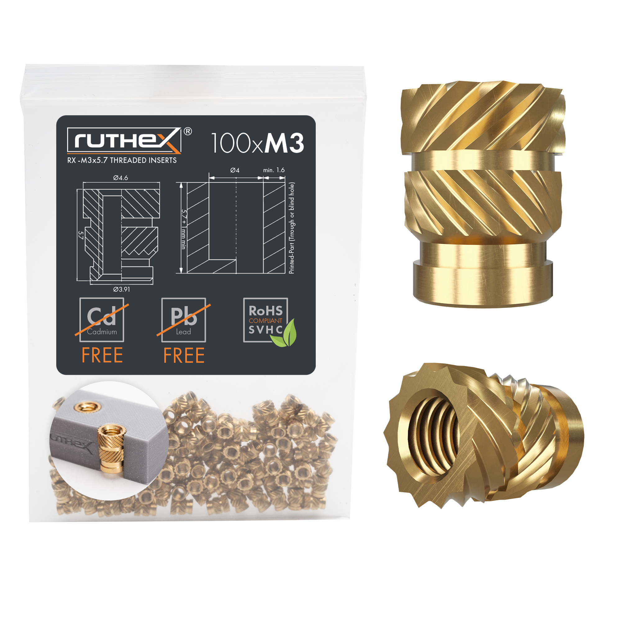 ruthex M3 Gewindeeinsatz Messing Gewindebuchsen für 3D Druck-Teile aus Kunststoff